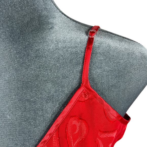 Y2K Babydoll Camisole Tank Top Medium Red Textured Hearts Mesh Overlay Satin Vtg - Picture 13 of 15